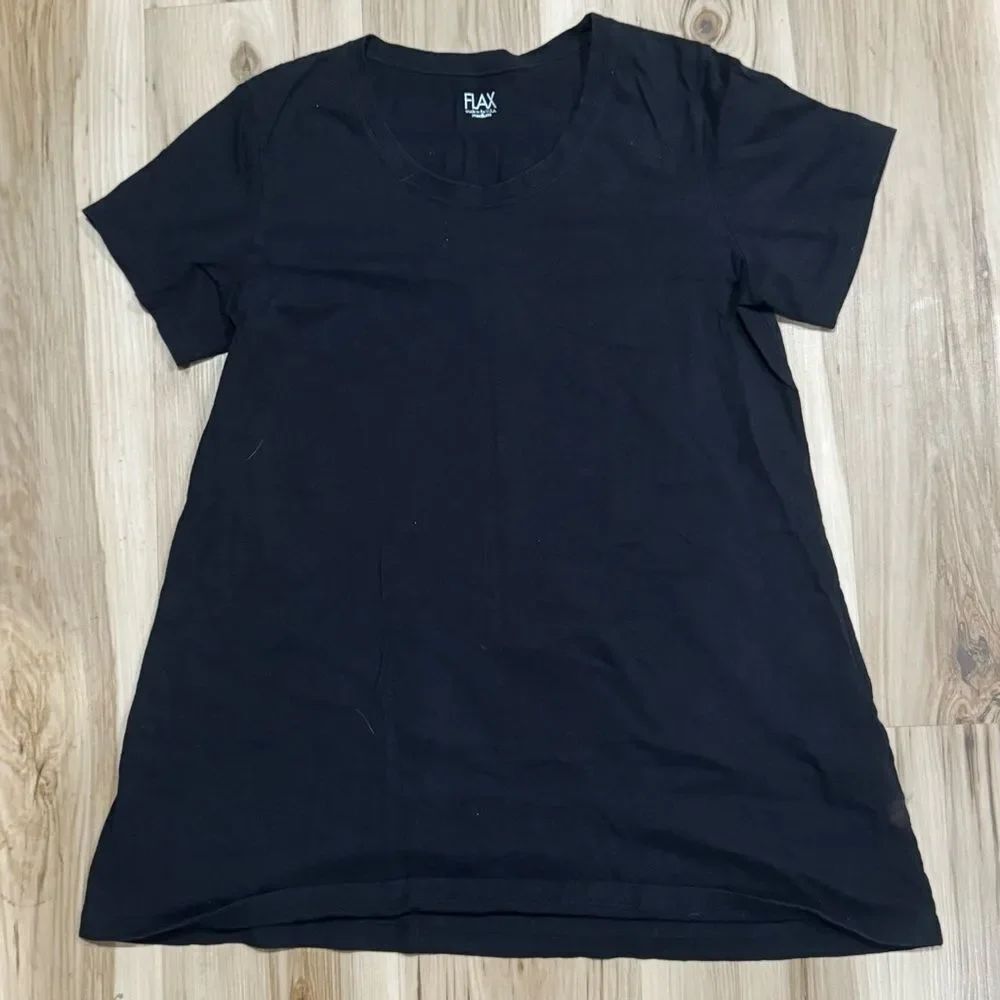 Flax Solid Black Short Sleeve Cotton Round Neck Shirt Top Women’s Medium